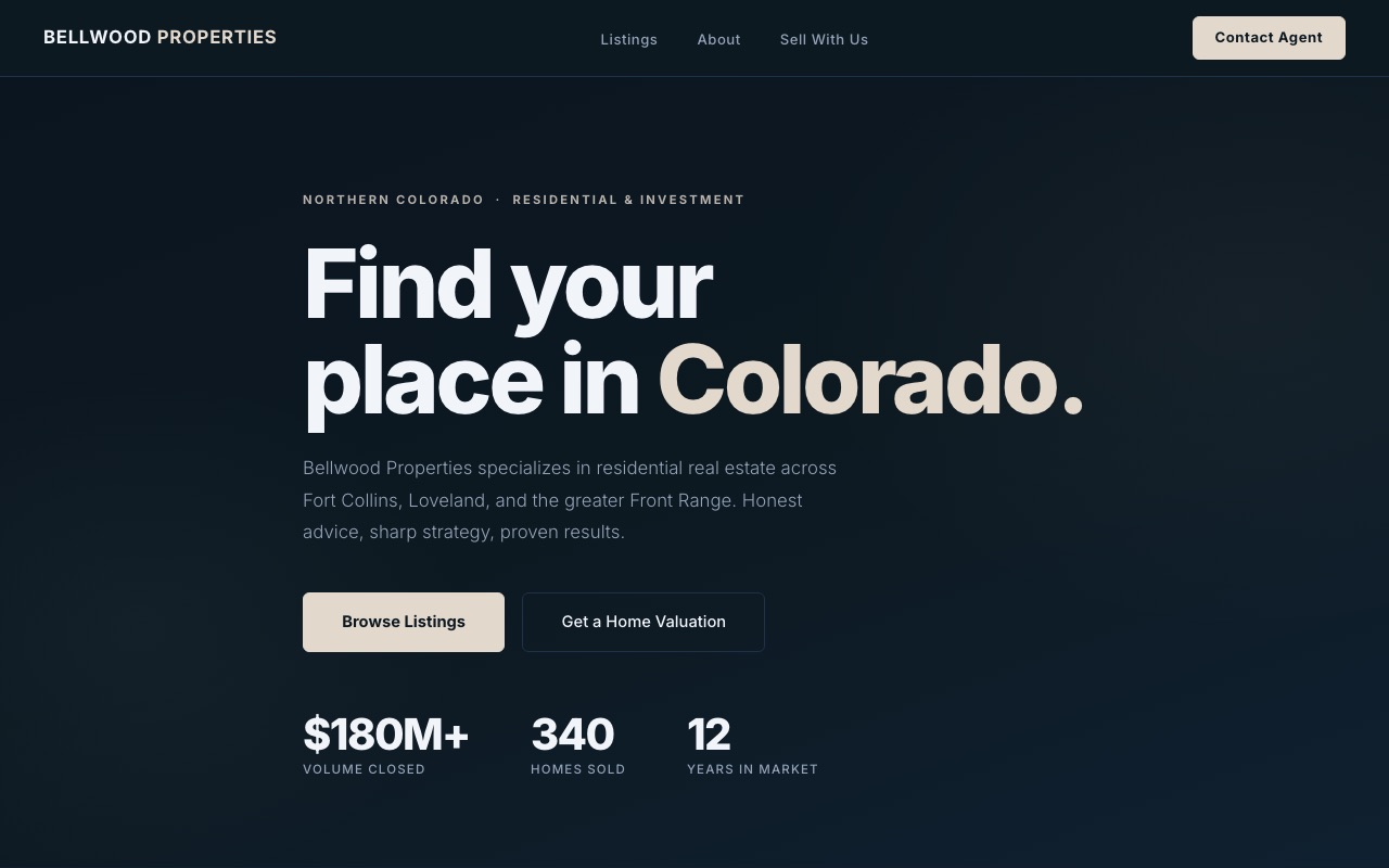 Bellwood Properties demo website — modern dark-slate real estate homepage with listing cards