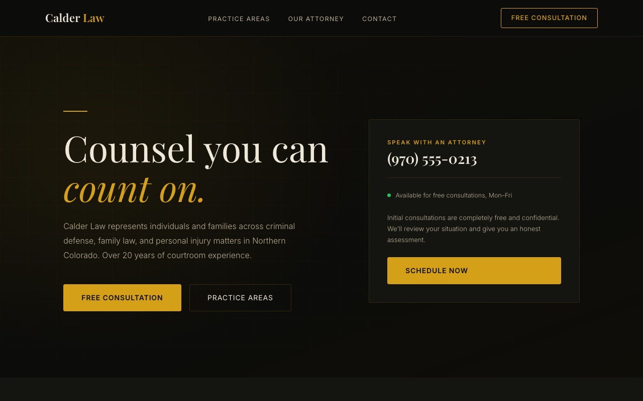 Calder Law demo website — classic law firm homepage with serif headings and gold accents