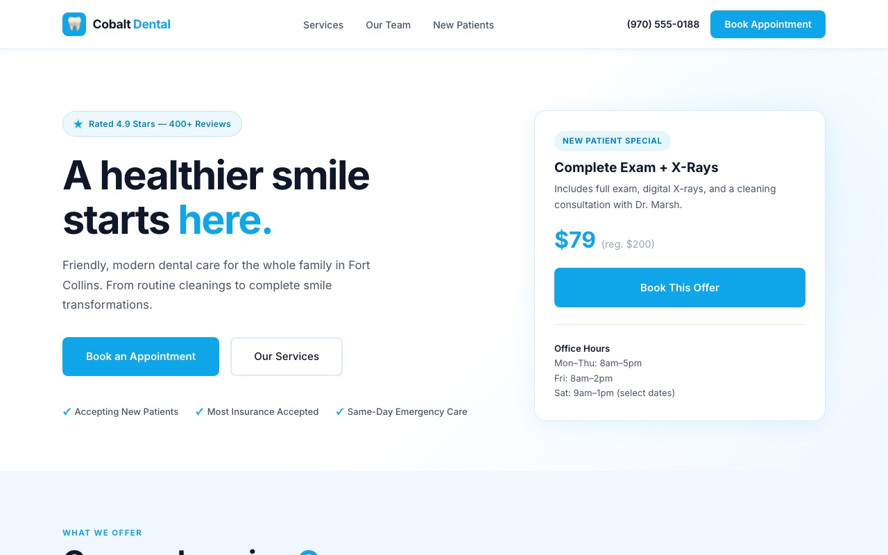 Cobalt Family Dental demo website — clean, approachable dental practice homepage in light blues