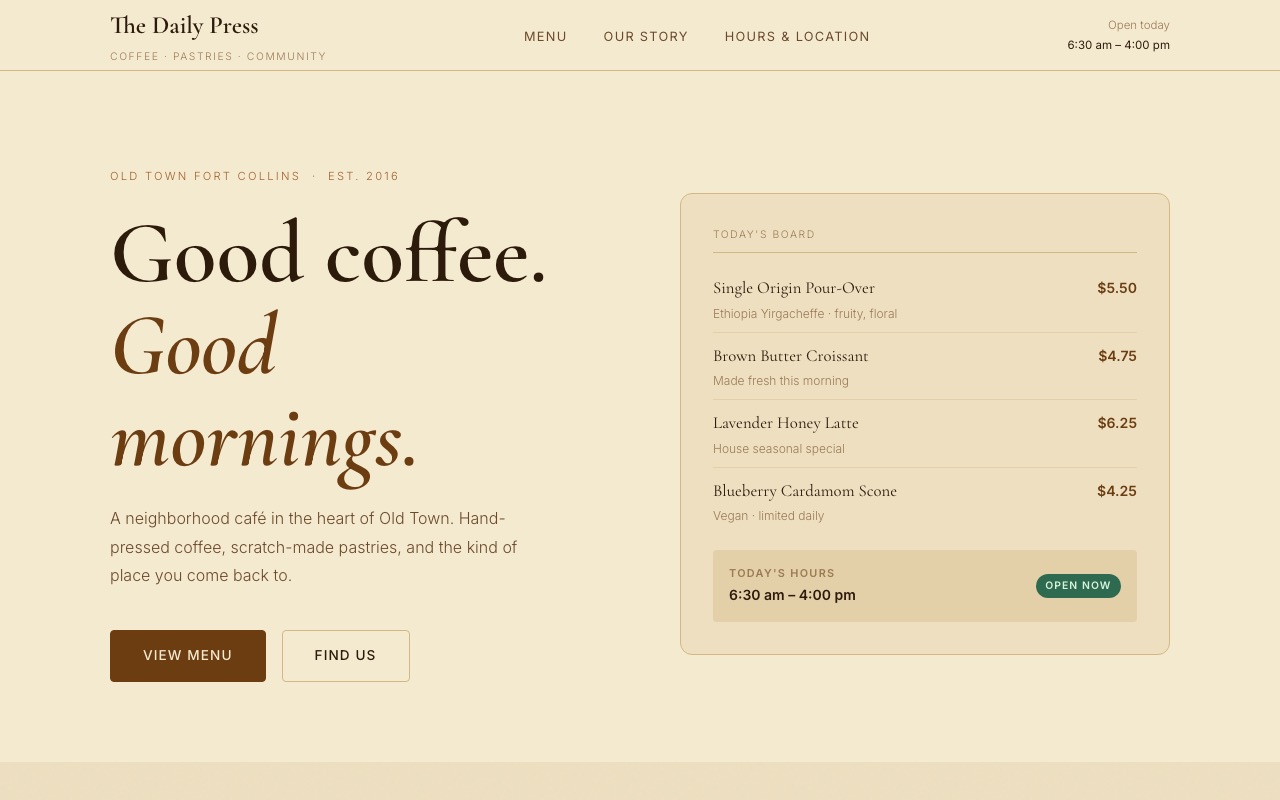 The Daily Press demo website — warm, artisan café homepage in kraft and cream tones