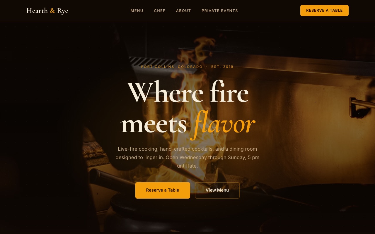 Hearth & Rye demo website — dark fine-dining restaurant homepage with warm amber accents