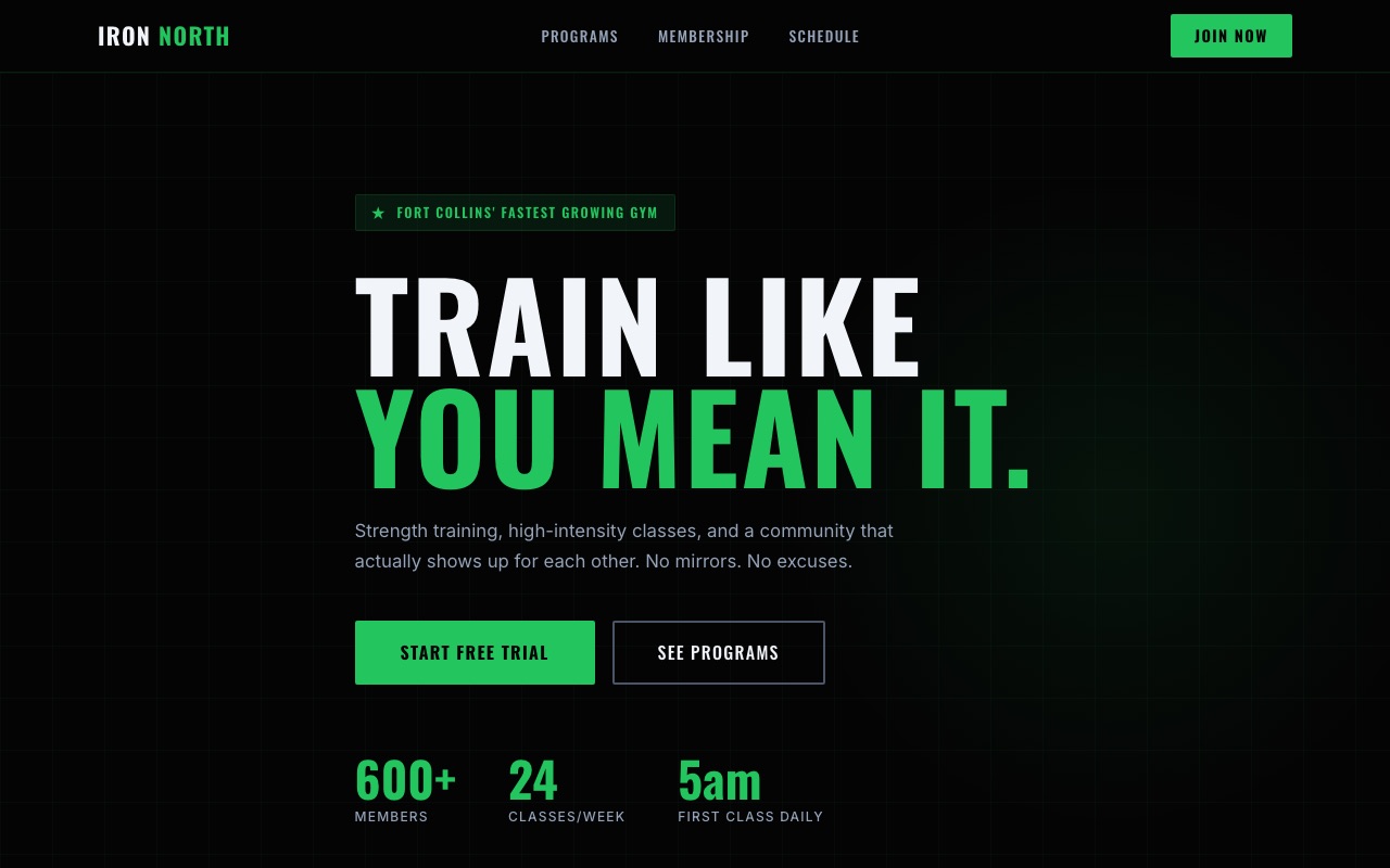 Iron North Fitness demo website — high-contrast gym homepage with electric green accents