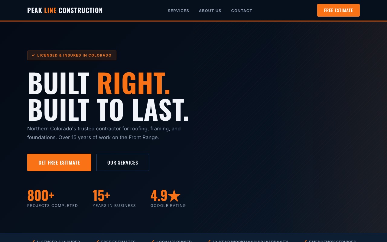 Peak Line Construction demo website — bold navy and safety-orange contractor homepage