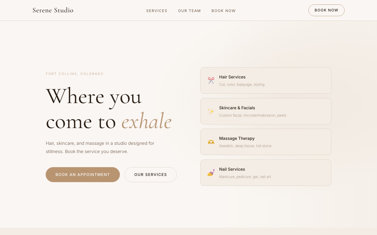 Serene Studio demo website — soft, minimal salon and spa homepage in warm neutrals